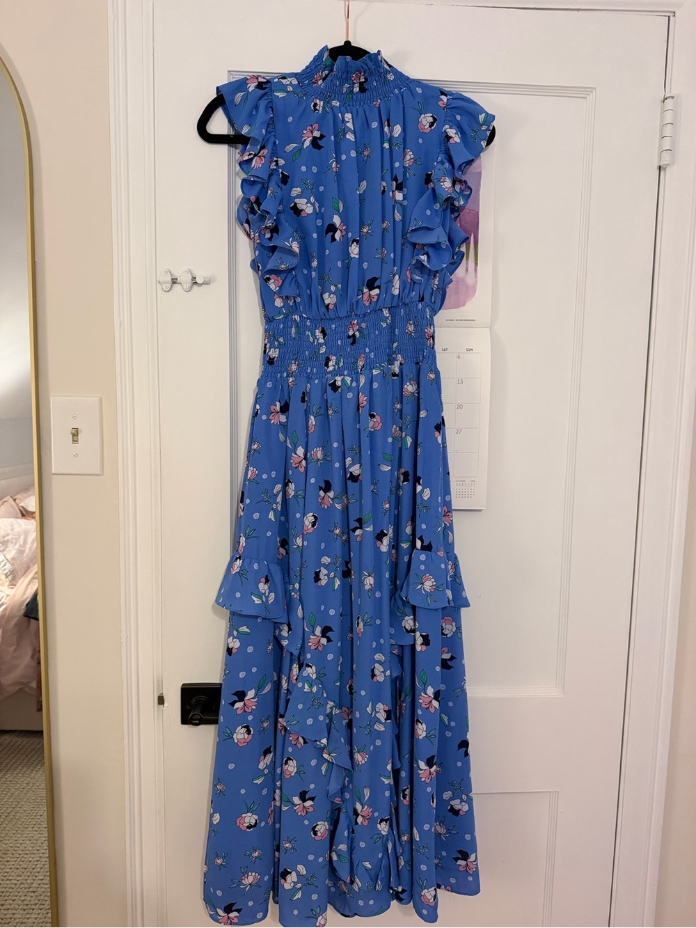 Womens Blue Floral Ruffle Maxi Dress
